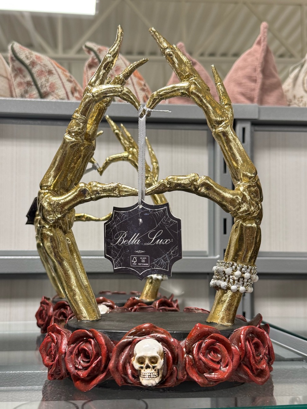 Bella Lux Gold Skeleton Hand Accent with Red Rose Skull Base